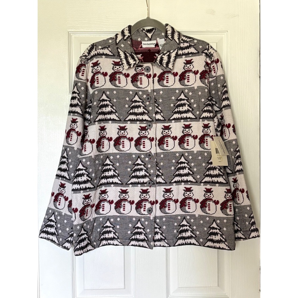 Breckenridge Snowman Christmas Tree Tapestry Jacket Cotton Button Large NWT